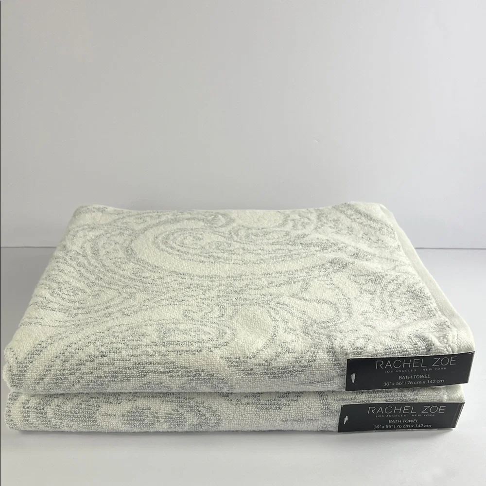 Rachel Zoe Bath Towel Set White Gray Pattern Spa Soft Cotton Plush Set of 2 NEW